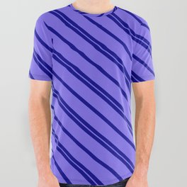 [ Thumbnail: Dark Blue & Medium Slate Blue Colored Lines/Stripes Pattern All Over Graphic Tee ]