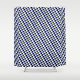 [ Thumbnail: Light Cyan, Blue, Cornflower Blue & Dark Goldenrod Colored Pattern of Stripes Shower Curtain ]