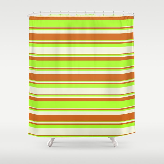 Beige, Chocolate & Light Green Colored Lined/Striped Pattern Shower Curtain