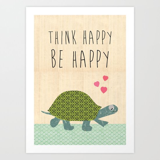 Think happy be happy typography Print on wooden background Art Print
