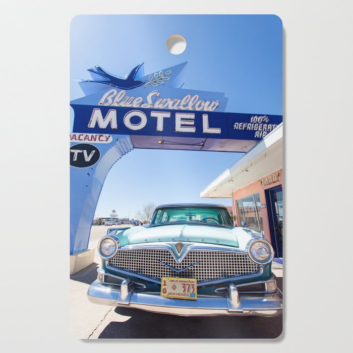 Blue Swallow Motel & Vintage Car - Travel Photography Cutting Board