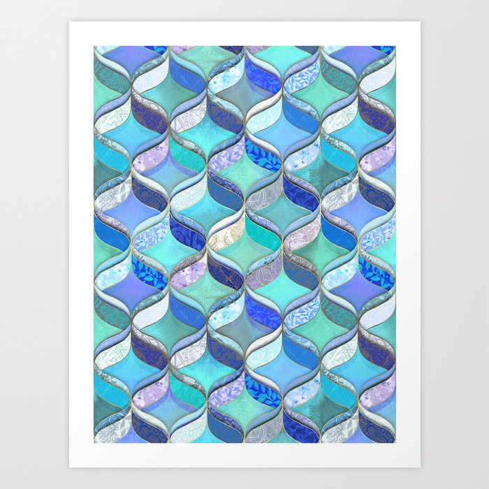 Patchwork Ribbon Ogee Pattern in Blues & Greens Art Print