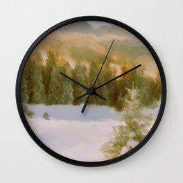 Winter Forest Firs Golden Light Reflected On Snow Wall Clock | Isolatedfirtree, Firforest, Winterscenery, Peaceful, Coldlandscape, Yellowcolorssnow, Goldenshadessky, Lonelytree, Quiet, Isolatedplace 