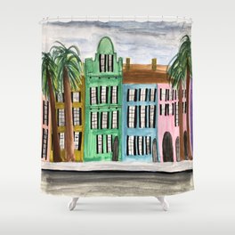 Rainbow Row Charleston South Carolina Watercolor Sketch Shower Curtain