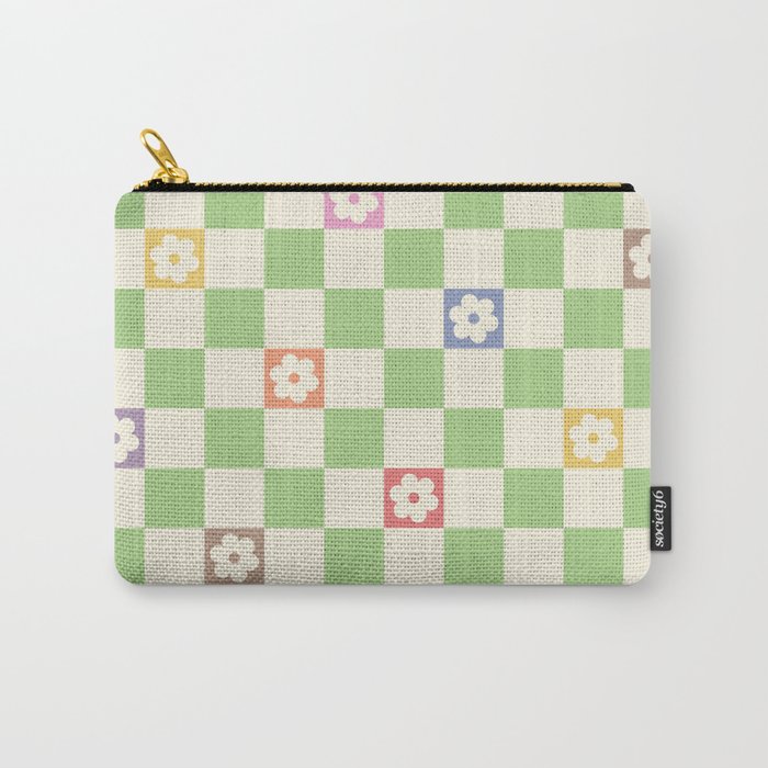 Colorful Flowers Green Check  Carry-All Pouch