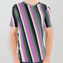 [ Thumbnail: Dark Slate Gray, Grey, Orchid, Beige & Black Colored Stripes Pattern All Over Graphic Tee ]