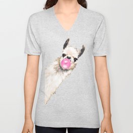 Bubble Gum Sneaky Llama in Yellow V Neck T Shirt