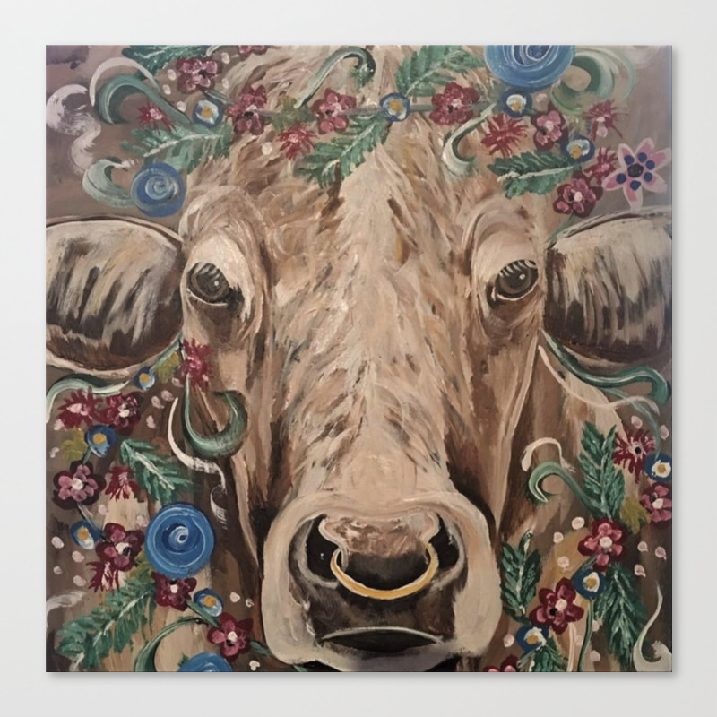 Harold The Cow With Flowers Farmhouse Style Original Painting
