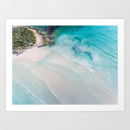 Aerial seascape photography of vibrant blue ocean with shallow waves on the beach Art Print