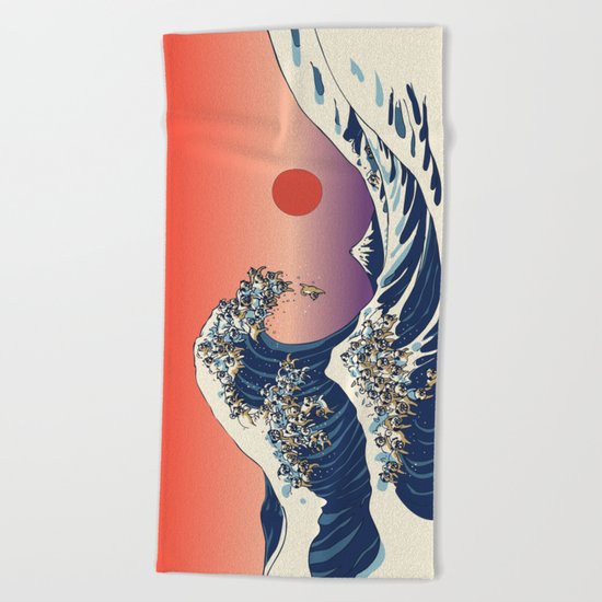 The Great Wave of Pug Beach Towel