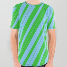 [ Thumbnail: Light Sky Blue & Lime Green Colored Lines Pattern All Over Graphic Tee ]