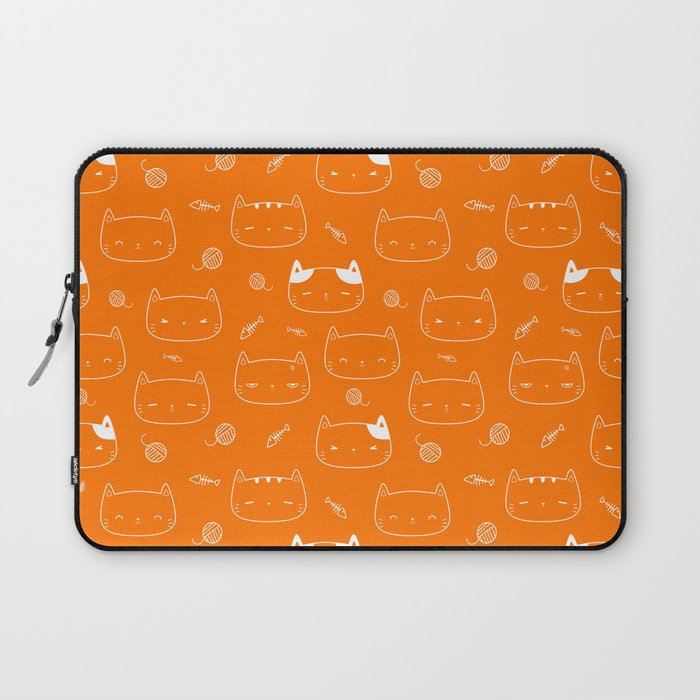 Orange and White Doodle Kitten Faces Pattern Laptop Sleeve