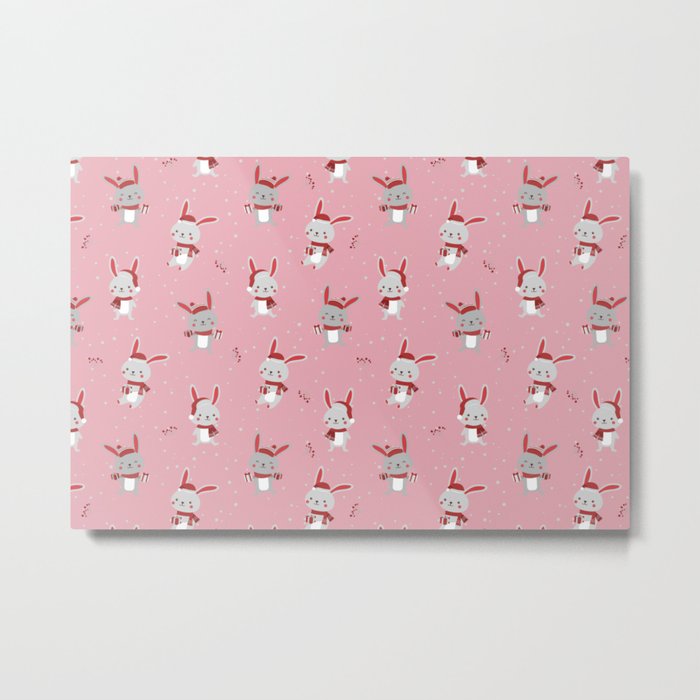 Christmas Bunny With Gifts & Berries Pattern Pink Metal Print