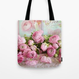Shabby Chic Cottage Pink Floral Ranunculus Peonies Roses Print Home Decor Tote Bag