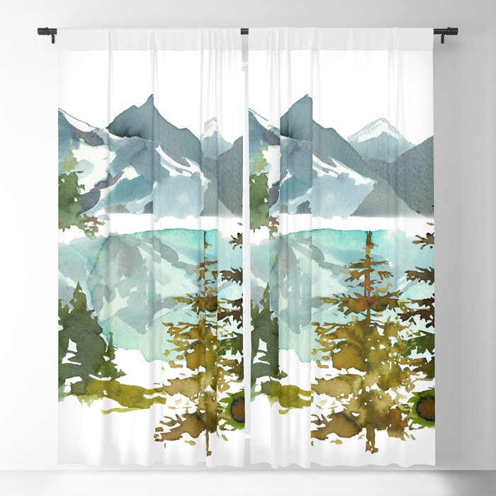 Forest green teal blue watercolor hand painted landscape Blackout Curtain