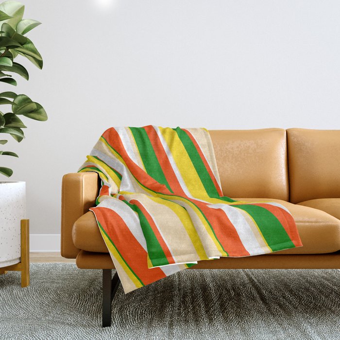 Eye-catching Yellow, Beige, White, Red & Green Colored Pattern of Stripes Throw Blanket