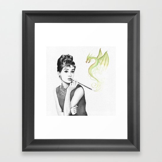 Audrey Hepburn Smoking and Dragon Framed Art Print