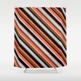 [ Thumbnail: Red, Light Blue, Brown, and Black Colored Lines/Stripes Pattern Shower Curtain ]