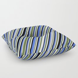 [ Thumbnail: Eye-catching Royal Blue, Grey, Dark Olive Green, White & Black Colored Lines Pattern Floor Pillow ]
