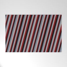 [ Thumbnail: Slate Gray, Dark Gray, Dark Red & Black Colored Stripes Pattern Welcome Mat ]