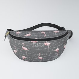 Seamless vintage pattern with flamingo flock on dark grey grunge background with imitation of handwritten text. Text unreadable and contains no foreign language.  Fanny Pack