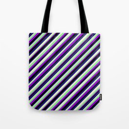 [ Thumbnail: Dark Violet, Black, Midnight Blue, Beige & Light Green Colored Lined Pattern Tote Bag ]