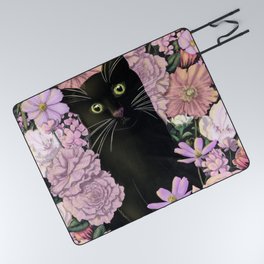Little Black Garden Cat - Pink Flowers Picnic Blanket
