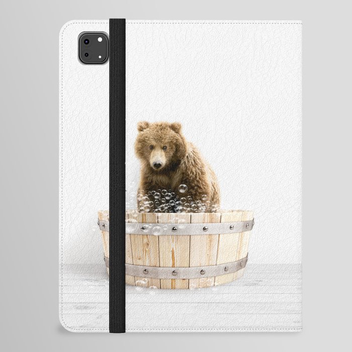 Bear in a Wooden Bathtub, Bear and Duckling Taking a Bath, Bathtub Animal Art Print By Synplus iPad Folio Case