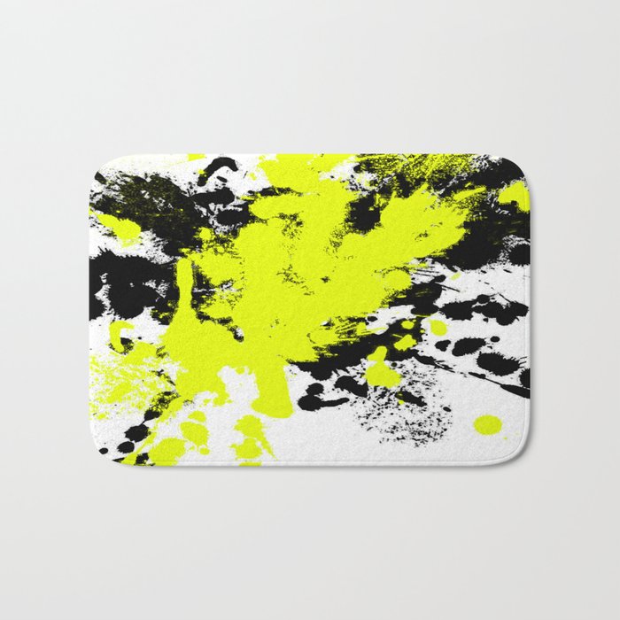 Surprise! Black and yellow abstract paint splat artwork Bath Mat