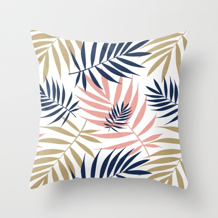 Tropical Palm Leaf Pattern – Pink, Gold, Indigo Throw Pillow