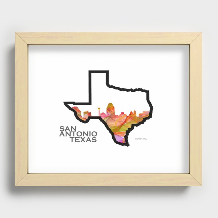 Texas State Map with San Antonio Skyline Recessed Framed Print