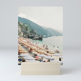 Coastline Monterosso Al Mare on film | Cinque Terre, Italy | Summer in Italy | Beach with umbrellas Mini Art Print