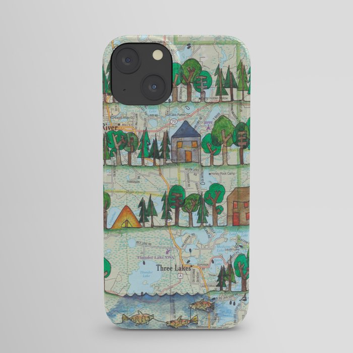 Eagle River, WI "Up North"Continuous Line Drawing on vintage map iPhone Case