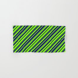 [ Thumbnail: Chartreuse & Midnight Blue Colored Striped/Lined Pattern Hand & Bath Towel ]