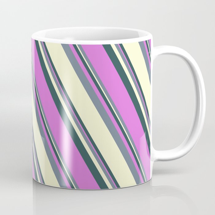 Dark Slate Gray, Orchid, Slate Gray & Light Yellow Colored Striped Pattern Coffee Mug