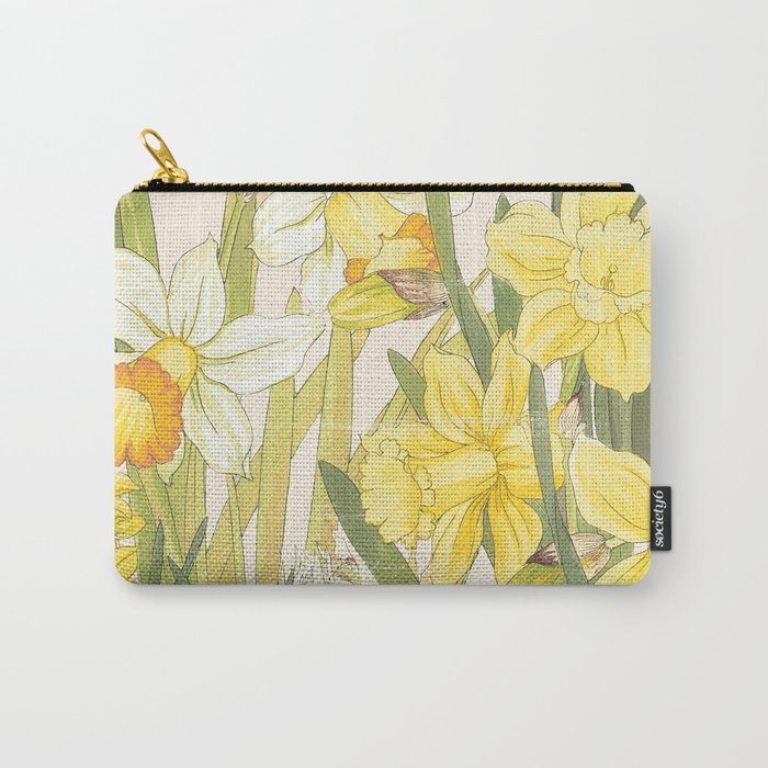 Vintage Floral Paper:  Spring Flowers on Shabby White -Daffodils Carry-All Pouch