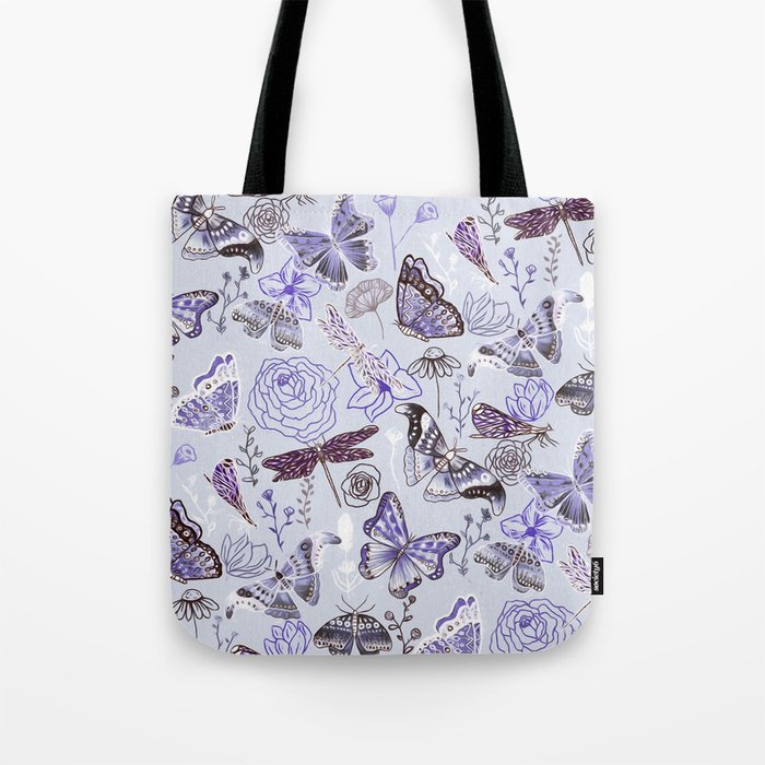 Dragonflies, Butterflies and Moths With Plants on Pale Blue Tote Bag