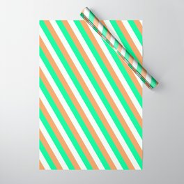 [ Thumbnail: Brown, Green, and Mint Cream Colored Striped Pattern Wrapping Paper ]