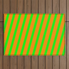 [ Thumbnail: Dark Orange & Lime Colored Pattern of Stripes Outdoor Rug ]