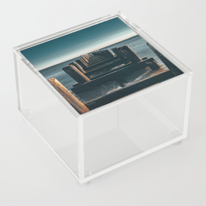 Wooden piers and seagulls on a peaceful morning with calm ocean Acrylic Box