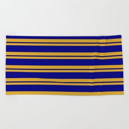 [ Thumbnail: Goldenrod & Blue Colored Striped/Lined Pattern Beach Towel ]