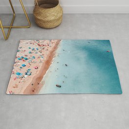 Aerial Ocean Beach Print, Hot Summer Vibes, Blue Ocean Waves Art Print, Portugal Beach Print, Golden Sands, Beach Umbrellas Area & Throw Rug