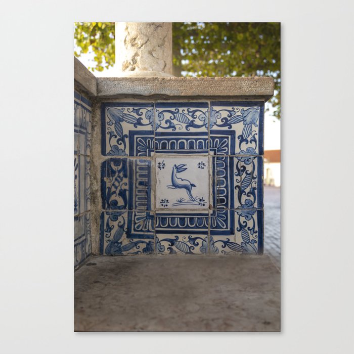 Blue azulejos on a bench in Alfama, Lisbon, Portugal - summer street and travel photography Canvas Print