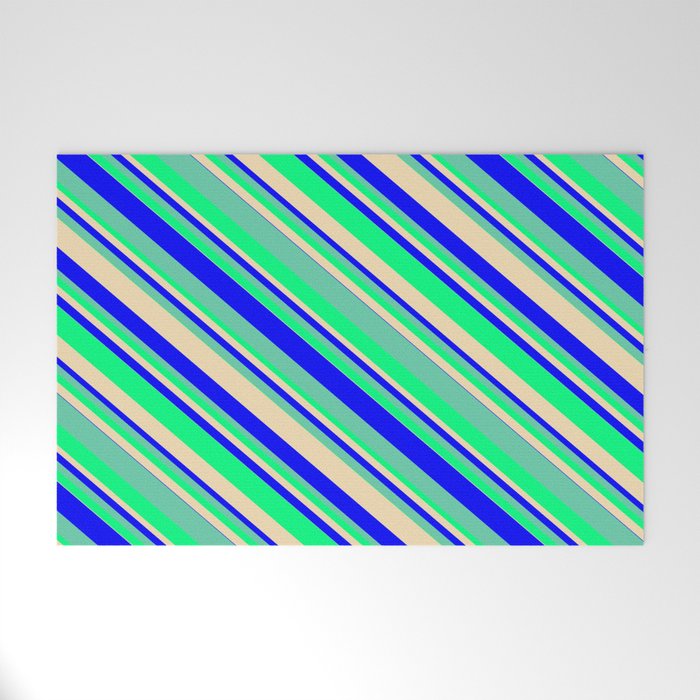 Tan, Blue, Aquamarine & Green Colored Lines Pattern Welcome Mat