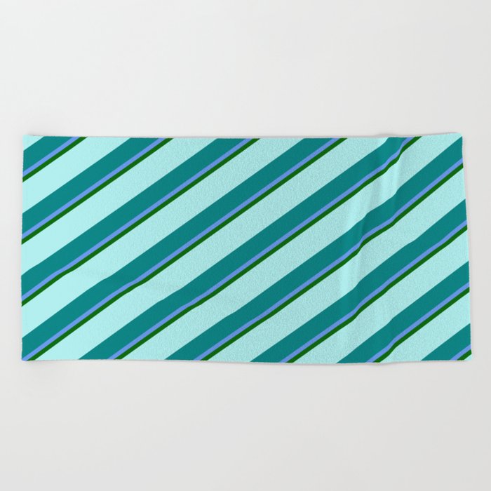 Turquoise, Teal, Cornflower Blue & Dark Green Colored Lined Pattern Beach Towel