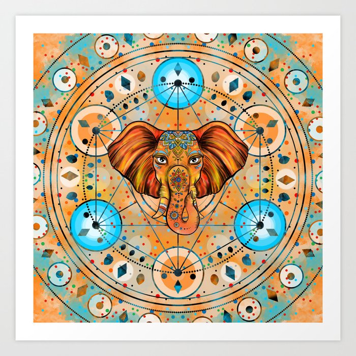 Colorful Elephant on Sacred Geometry Ornament Art Print