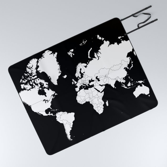 Minimalist World Map White on Black Background. Picnic Blanket by