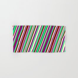 [ Thumbnail: Colorful Dark Gray, Green, Dark Red, Light Yellow, and Purple Colored Lined/Striped Pattern Hand & Bath Towel ]