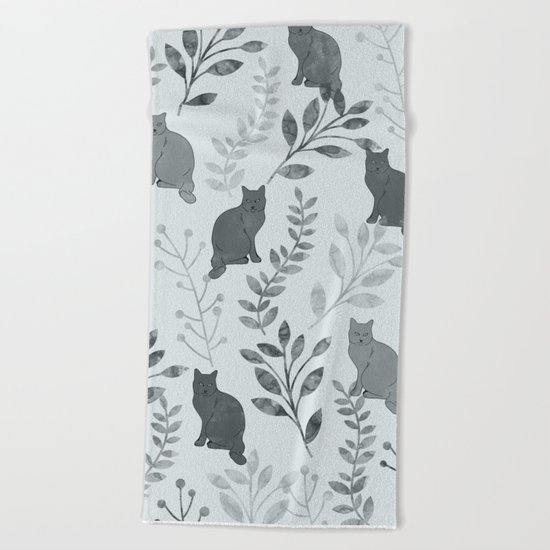 Watercolor Floral and Cat VI Beach Towel