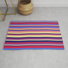 [ Thumbnail: Eye-catching Crimson, Royal Blue, Light Coral, Tan, and Midnight Blue Colored Striped/Lined Pattern Rug ]